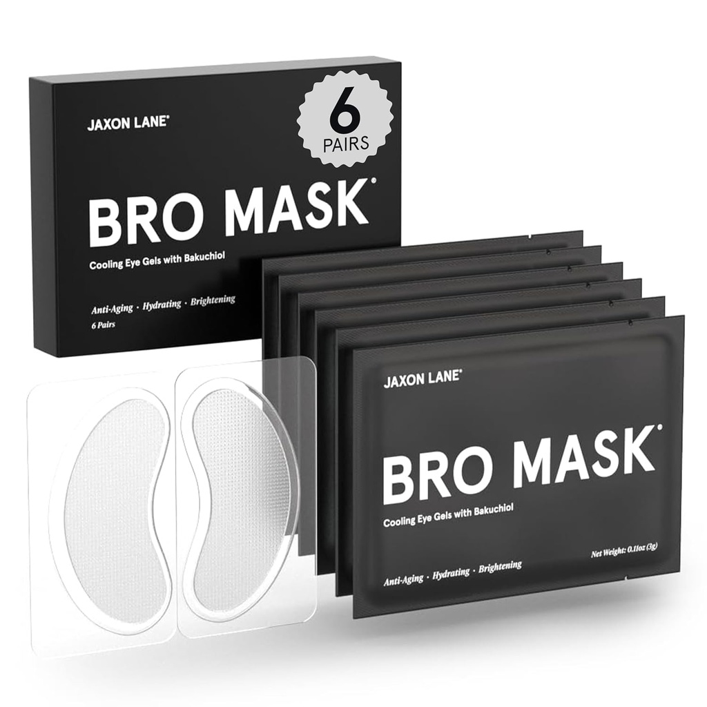 BRO MASK Under Øyelapper for menn Hudpleie | Kjøle øyemasker for mørke sirkler og puffiness, Anti Aging Hydrogel Pads med Bakuchiol, Koffein & Niacinamid, Øyeposer Behandling for menn (6 par)