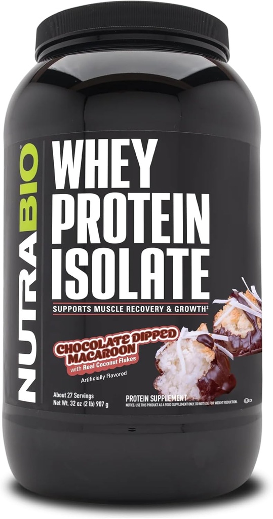 NutraBio 100% Whey Protein Isolate Protein Powder, 25g Protein con profilo completo dell'aminoacido, Non-GMO, Soy & Gluten Free, Carb basso, Polvere di proteine del siero di calorie bassa, Macaroon immerso nel cioccolato, 2 Lbs