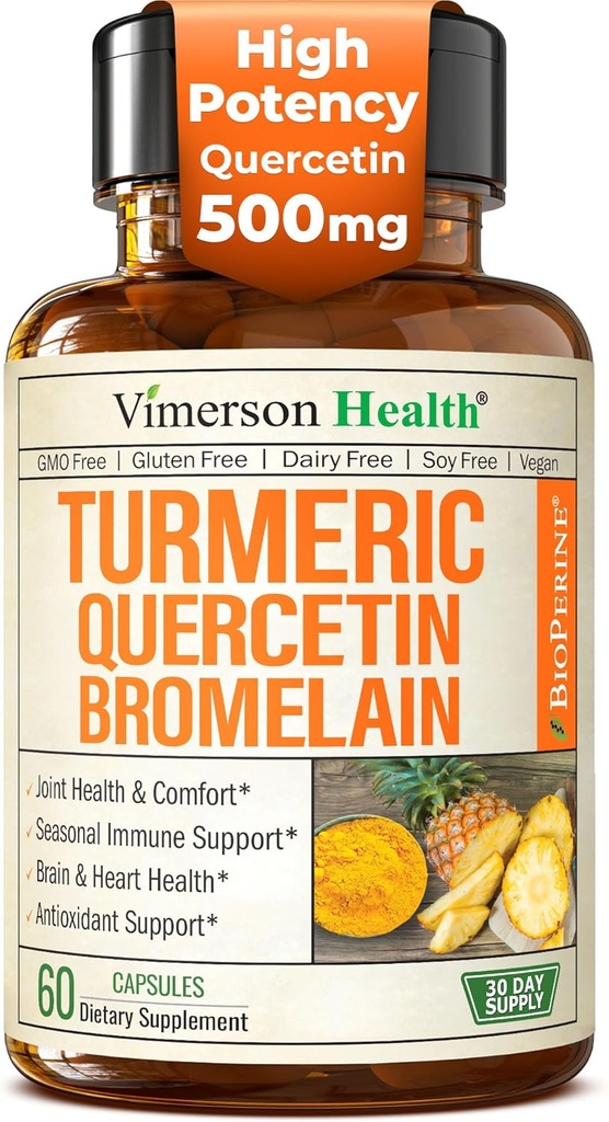 Quercetin mit Bromelain Turmeric Curcumin Supplement – Allergy Relief, Joint & Immune Support – Organic Turmeric Supplement mit Black Pepper (Bioperine) – 60 Quercetin 500mg Kapseln