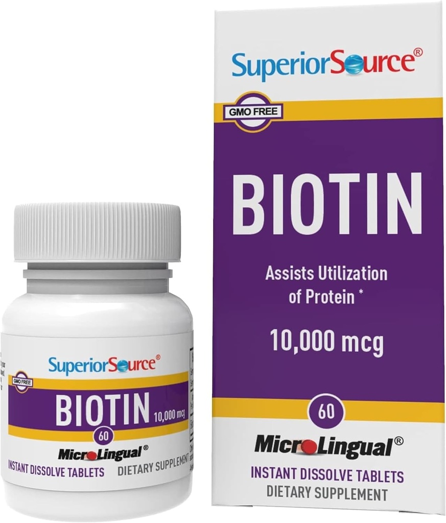Superior Source Biotin 10.000 mcg - Daglig kosttilskudd støtter hår helse og vekst - Naturlig Biotin kosttilskudd hjelpemidler sunne negler og hud - 60 sublingual oppløsning tabletter