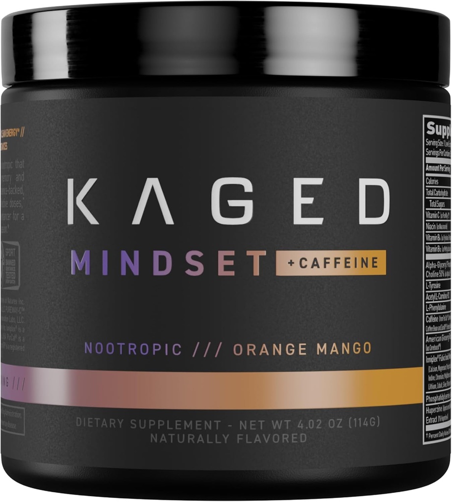 Formuła nootropowa Kaged, Mindset, Focus and Productivity Supplement, Czysta kofeina, Wzmacnianie pamięci, nastroje, klarowność, 30 Służenia