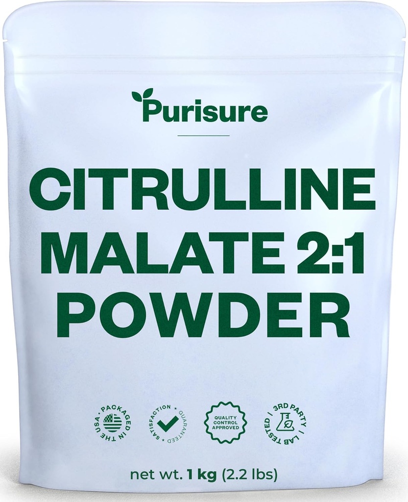 Purisure L Citrulline Malate 2:1 אבקה, 1 ק"ג, תוסף ו Nitrate עבור כוח ביצועים ואנרגיה, Pre-Workout L Arginine L Citrulline אבקת, 334 משרתים.