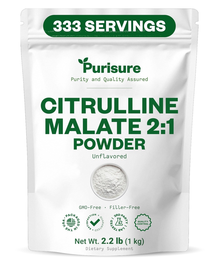 Purisure L Citrulline Malate 2:1 Powder, 1 kg, Supplement and Nitrate for Strength Performance and Energy, Pre-Workout L Arginine L Citrulline Supplement Powder, 333 Servings