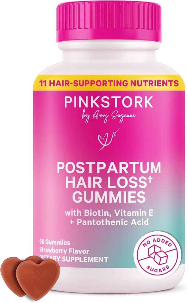 Pink Stork Postpartum Hair Loss Gummies | Biotin, Pantothenic Acid, ויטמין E, B6, B12 | Postnatal Hair Growth + Regrowth Support
