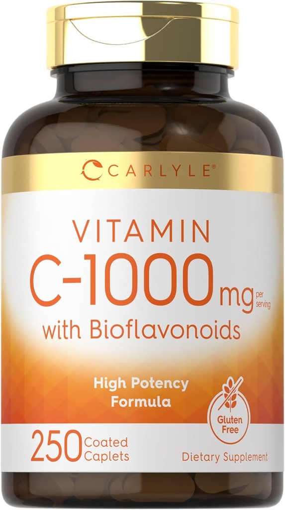 Carlyle Vitamin C 1000mg with Bioflavonoids - 250 Caplets | with Rose HIPS , Vegetarian, Non-GMO, Gluten Free supplement