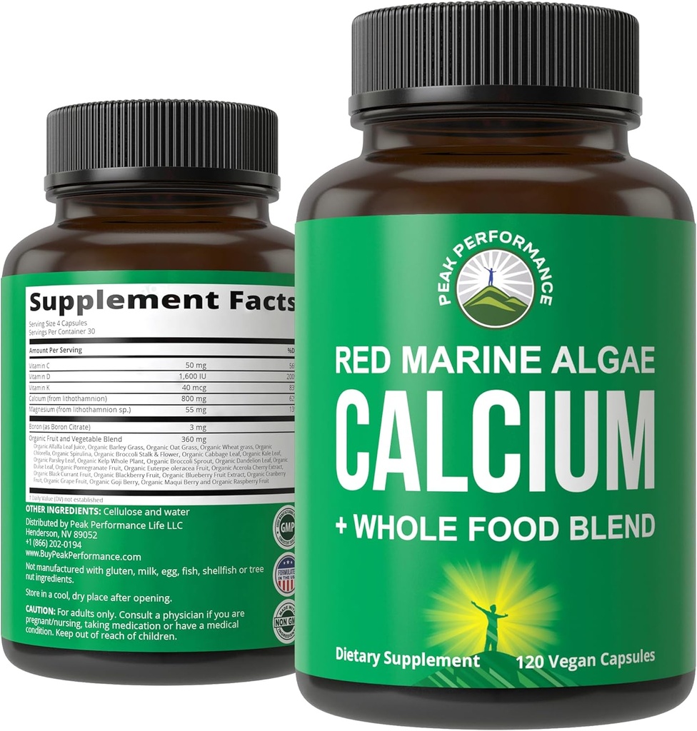 Calcium baseado en plantas - Red Marine Algae Suplemento de calcio con vitamina C, D3, K, magnesio e Whole Food Vegetable Blend. cápsulas de Vegan para ósos e articulacións. 120 comprimidos