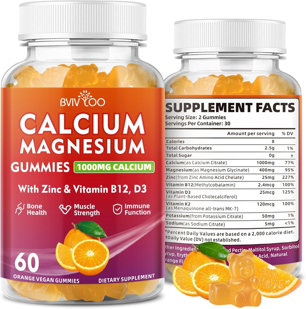 Calcium Gummies 1000 מ"ג עם ויטמין D3 K2 & B Complex, Potassium, Calcium Magnesium Zinc Gummies עבור העצם, השרירים, Mood ו- Immunity - כתום פלאפור 60mies