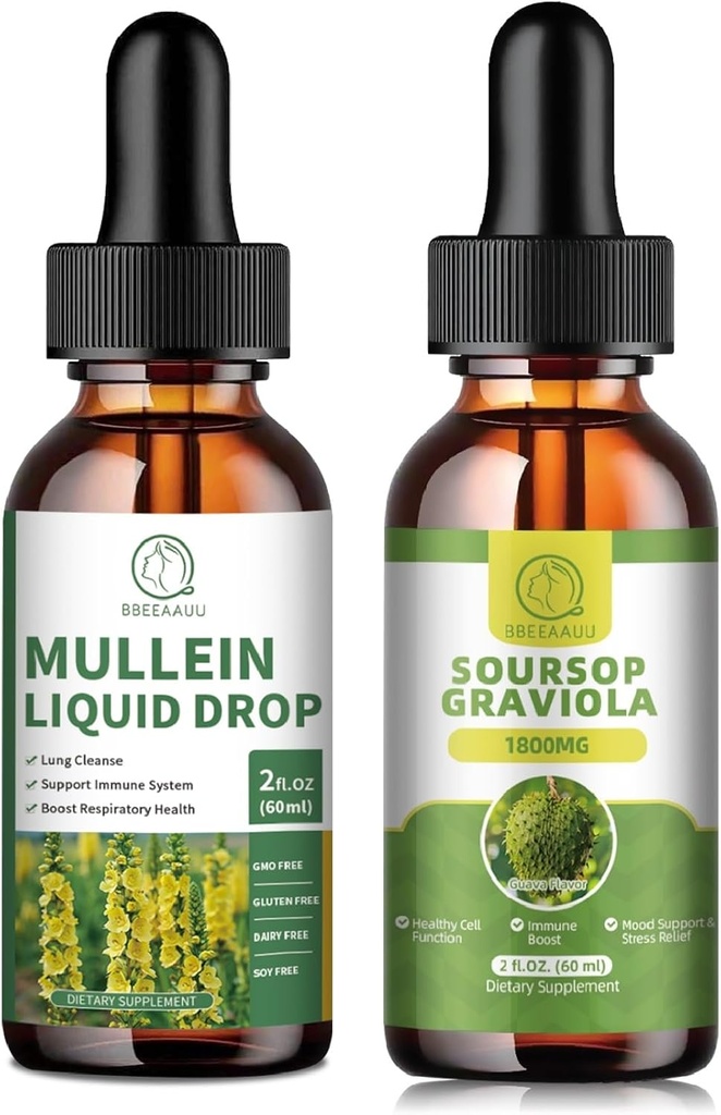 Mullein Drops for Lungs, Mullein Leaf Extract 1000MG for Lung Cleanse & Soursop Graviola Liquid Drops 1800mg, Soursop оставляет экстракт для регенерации клеток