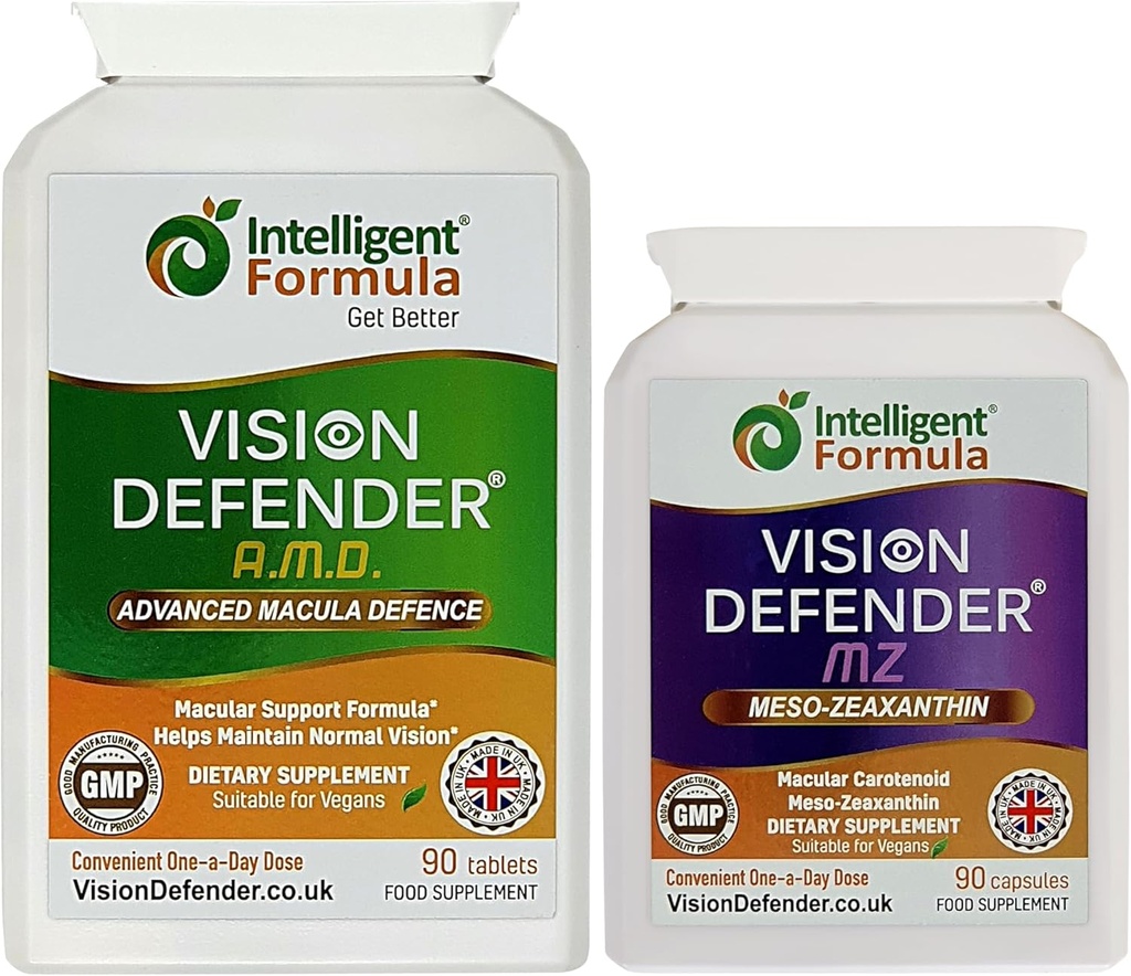 Vision Defender AMD un Vision Defender MZ Macula Health Bundle - ARED2 Formula Boosted by Optimum High Strength Meso-Zeaxanthin Vegan Veselības papildinājums (90 dienu piegādes)