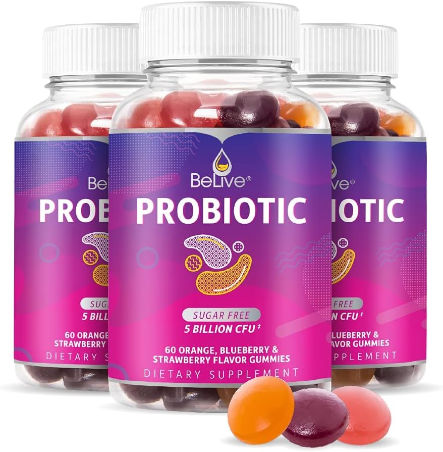 BeLive Probiotic Gummies - Probióticos con 25.000 millóns de FUs para a saúde Digestiva, homes, mulleres e nenos suplementos probióticos para o apoio inmune, Sugar Free & Vegan - Blueberry, Strawberry & Orange | 3Pack