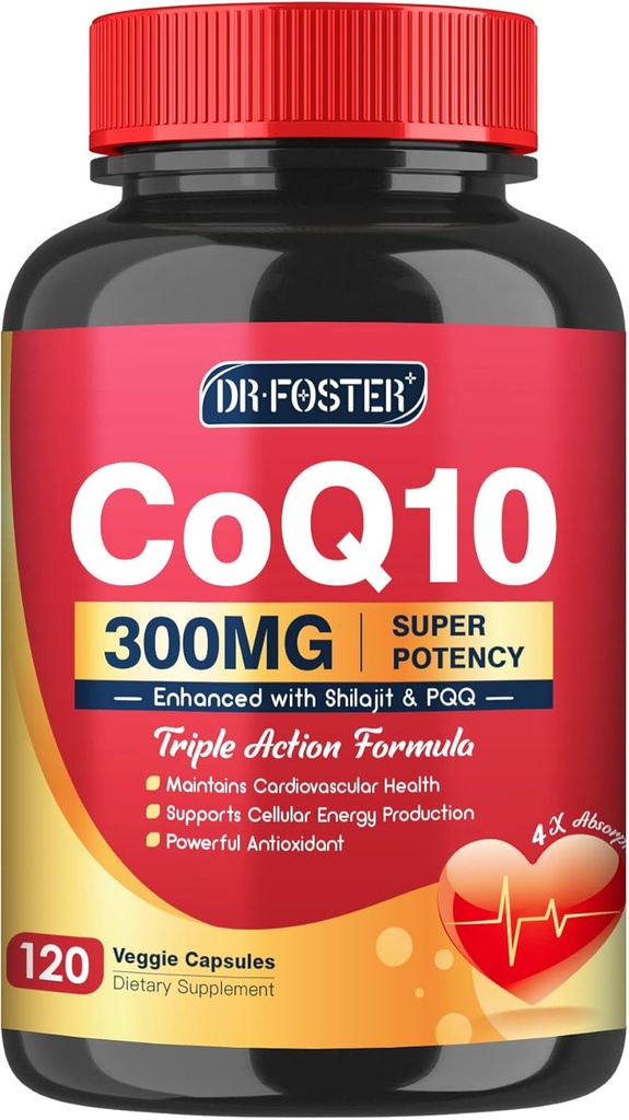 CoQ10 300mg với PQ & Shilajit - Phòng chống oxy hóa mạnh mẽ cho tim và não và sản xuất năng lượng - Sự hấp thụ cao với sinh học Coenzyme Q10 - 120 Capsules