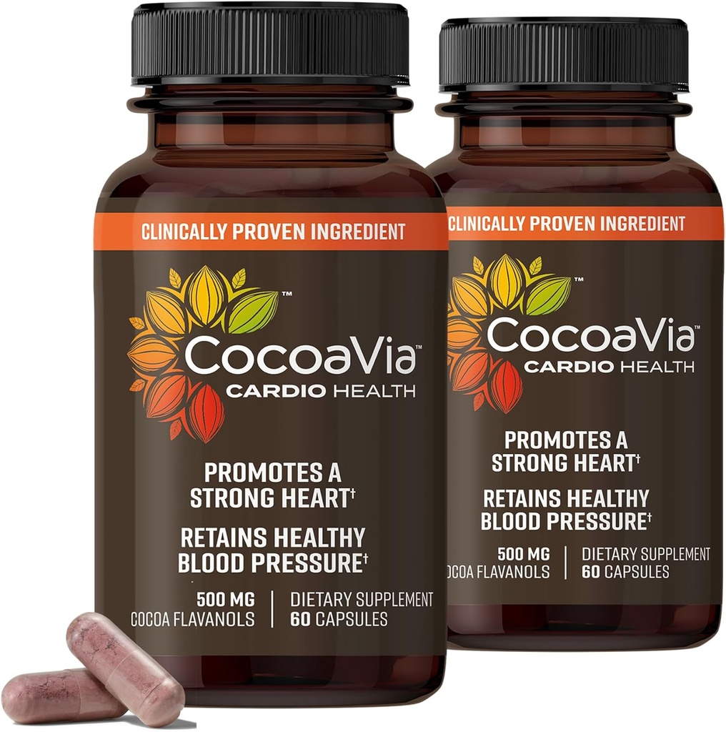 CocoaVia Cardio Health Supplement, 60 Tage, 500mg Cocoa Flavanols, Unterstützung Herzgesundheit, Boost Nitric Oxid, Blutzirkulation, Energie, Vegan, Dunkle Schokolade, 120 Kapseln