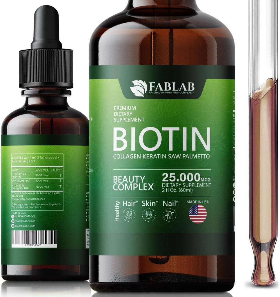 FabLab Biotin com colagénio, queratina e serra Palmett 25000msg Extract - Pele saudável do cabelo e unhas para adultos, Sem enchimento, Sem estearato-anti colagénio de envelhecimento Vitaminas para homens e mulheres- 2 Fl Oz