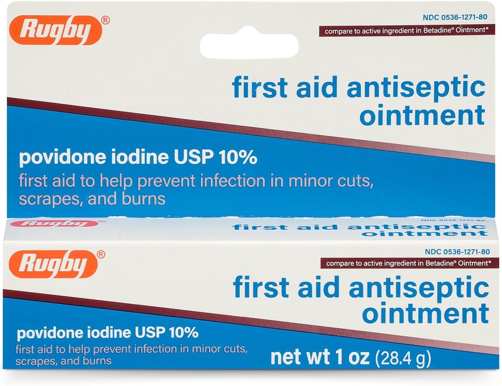 Rugby First Aid Antiseptic Ointment, Povidon jód USP 10% Topical Solution, Pomáhá zabránit infekci v malých říznutí, škrábance a Burns - 1 Oz.