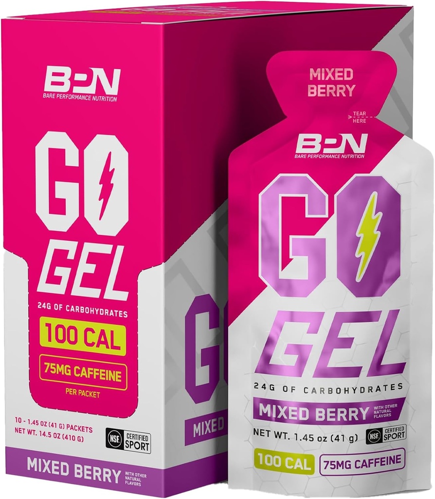 BPN Go Gel Endurance, 24 г углеводов и 100 калорий на упаковку, Vegan + Gluten Free Running Gel, 10 одноразовых упаковок с кофеином
