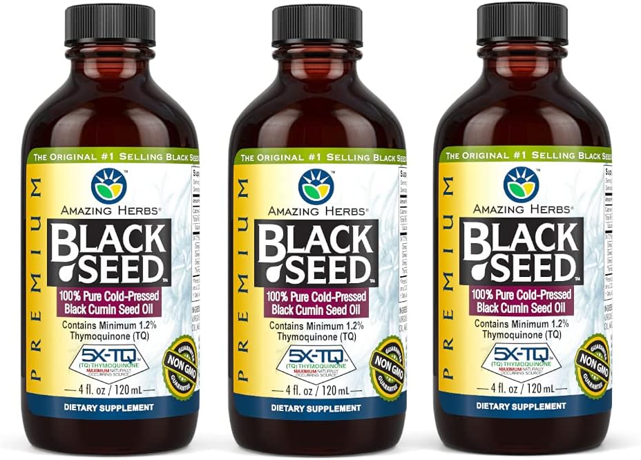 Amazing Herbs Premium Black Seed Oil - Glutenfri, Ikke GMO, Cold Pressed Nigella Sativa Aids i Digestive Helse, Immune Support, Hjernefunksjon - 4 Fl Oz (Pack of 3)