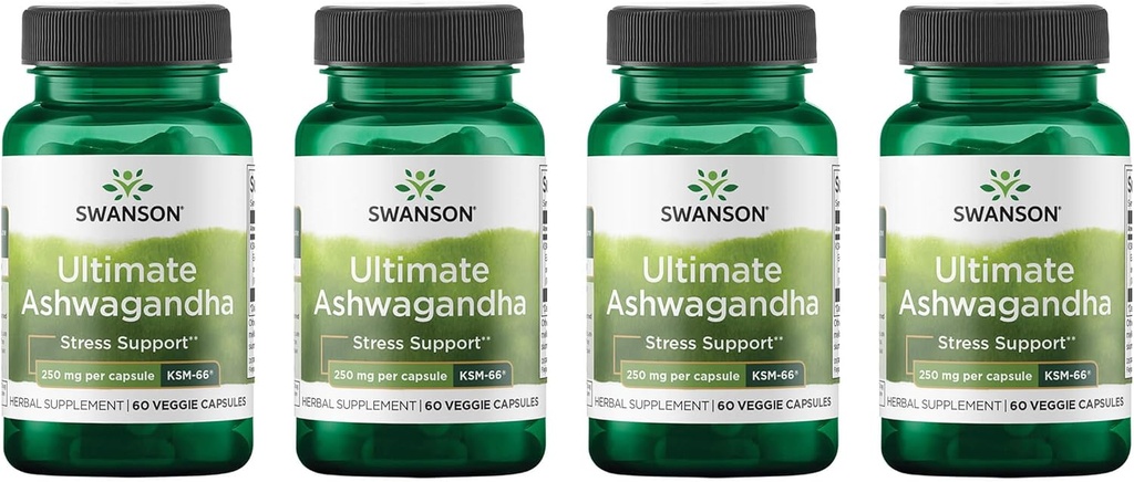 Swanson Absolutament Ashwagandha KSM-66 - Hebal suplementari Implementació de salut Stresy Stres i relaxació - Fórmula Natural a Promote a un tranquil i relaxat Minset - (60 Veggie Capules, 250mg Cada) (4 paquet)