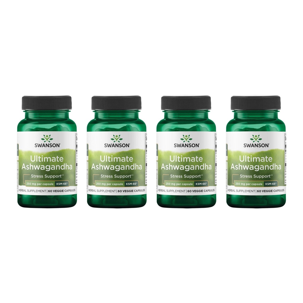 Swanson Ultimate Ashwagandha KSM-66 - Herbal Supplement Supporting Healthy Stress Levels & Relaxation - Natural Formula to Promote a Calm & Relaxed Mindset - (60 Veggie Capsules, 250mg Each) (4 Pack)