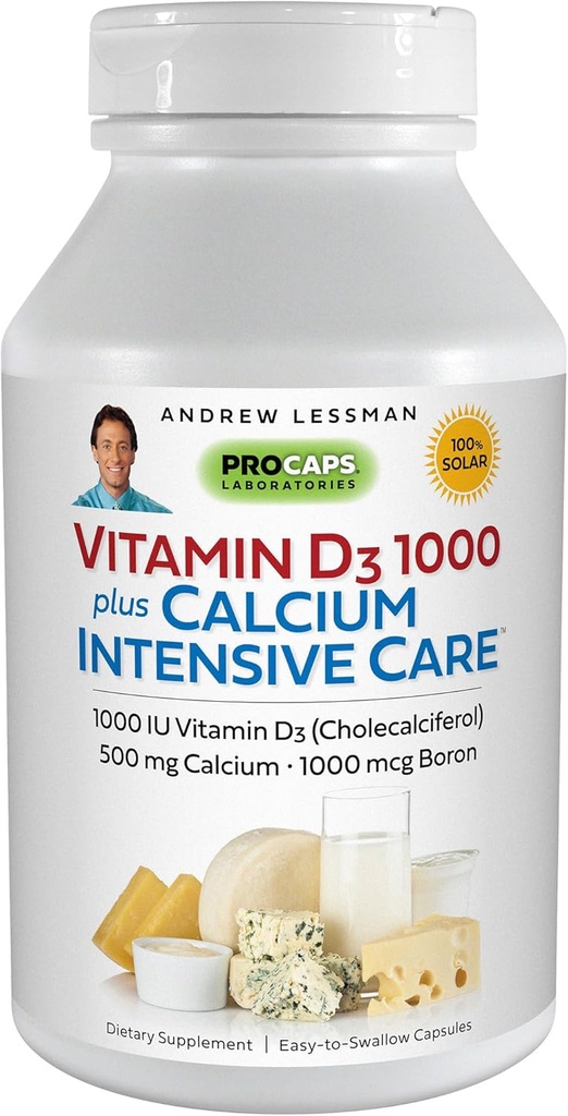 ANDREW LESSMAN Vitamin D3 1000 Plus Calcium Intensive Care 60 kapslar - Essential för kalciumabsorption, stöder benhälsa, hälsosam muskelfunktion. Gentle, Easy-to-Absorb. Inga tillsatser