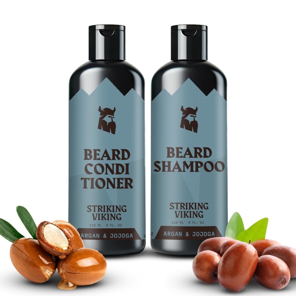 Striking Viking Beard Shampoo and Conditioner Set - 4 Fl Oz Each, Fresh Masculine Scent - Beard Wash and Conditioner for Men - Cleanses & Softens, with Argan & Johoba Oil - Sulfate & Paraben Free