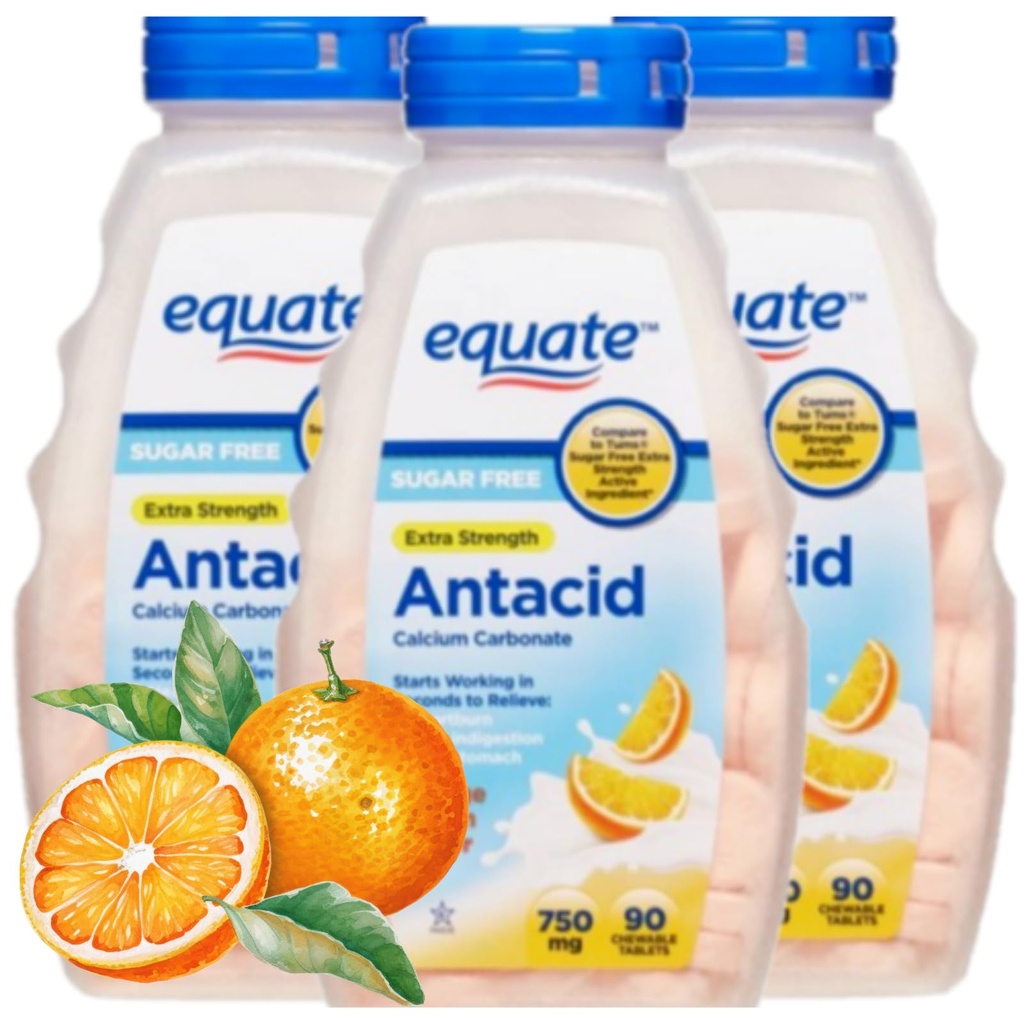 Antacid Tablets Sugar Free Extra Strength, Orange Creme, Calcium Carbonate 750 mg, 90 Count Each (Pack of 3)