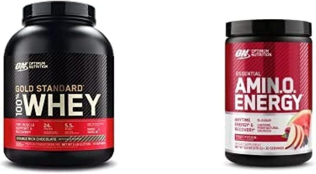 ON Gold Standard 100% Whey Protein Primary Source Isolate - Двойно богат шоколад 74 Сервис + ON Amino Energy - BCAA, Аминокиселини, Keto Friendly, Green Coffee Extract - Fruit Fusion, 30 Servings