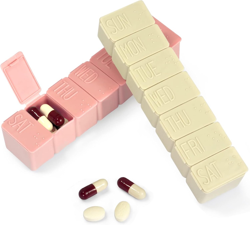 Pill Organizer-Pill Boxen für Reisen, 7 Tage mit Braille Pille Fall Vitamine Fish Oil Supplements, Medication Organizer Spender für Fischöle, Vitamin Holder Supplement (Pink+Beige)