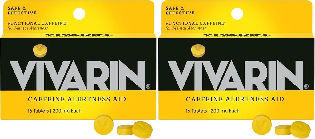 Vivarin, Cafeïne Pillen, 200mg Cafeïne per dosis, veilig en effectief helpt u wakker te blijven, Geen suiker, Calorieën of Verborgen Ingrediënten, Energiesupplement, 16 tabletten (verpakking van 2)