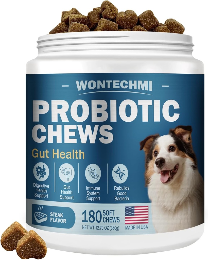 Probióticos para cans, mellorar os oídos Itchy da pel, saúde intestinal, equilibrio de lévedos, alerxias, inmunidade, Probióticos cans e encimas dixestivos con Prebióticos, reducir a diarrea (180 Chews, Steak)