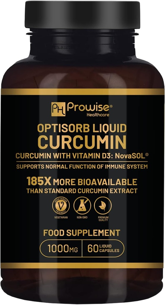 Optisorb Curcumina Líquida com Vitamina D - 60 Liqcaps - Personabilidade Cúrmica & Curcumina de 185x - Cápsulas Líquidas Ultra Biodisponível com Dosagem Diária de 1000mg NovaSOL - Reino Unido Fabricado