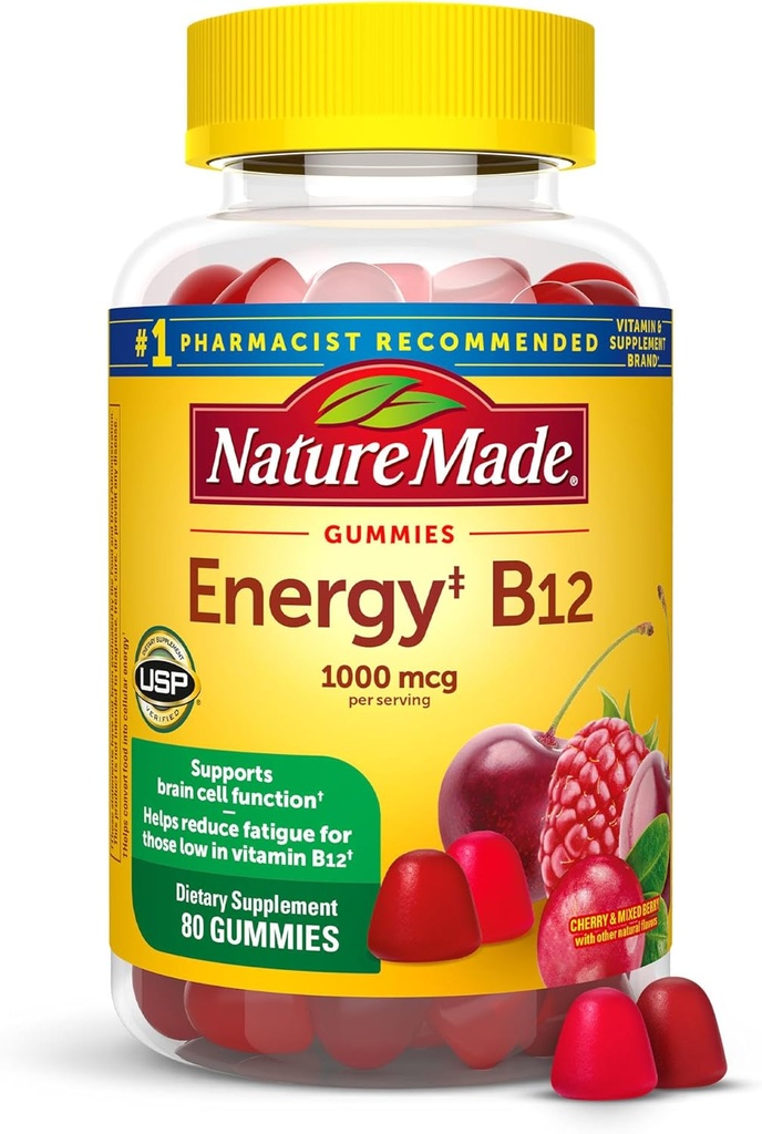 Nature Made Energy B12 1000 mcg, תוספת תזונתית לתמיכה במטבוליזם אנרגיה, 80 מסטיקים, 40 יום אספקה אריזה עשויה להשתנות