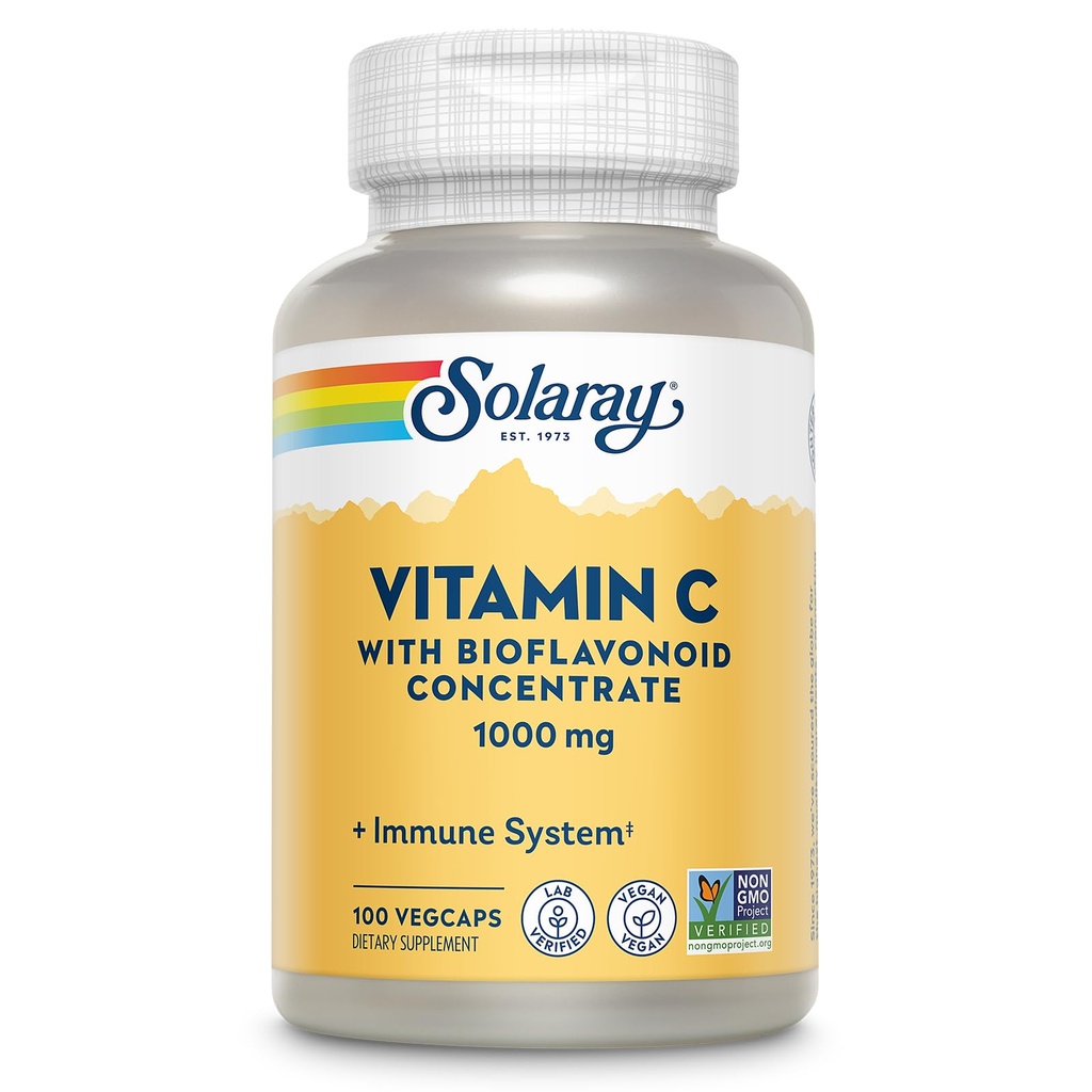 SOLARAY Vitamin C 1000 mg with Citrus Bioflavonoids, 100 VegCaps | Immune, Antioxidant & Heart Support, 1000 mg Vitamin C, Rose Hips & Acerola, 100 Servings, Vegan, Non GMO & Lab Verified