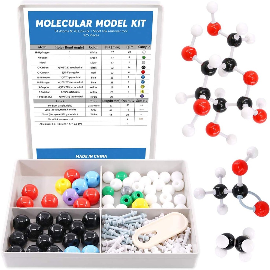 Swpeet 125 Pcs Molecular Model Kit for Inorganic & Organic Molecular Model Teacher and 16 Years and Over Student Kit - 54 Atoms & 70 Links & 1 Short Link Remover Tool - Science Toys