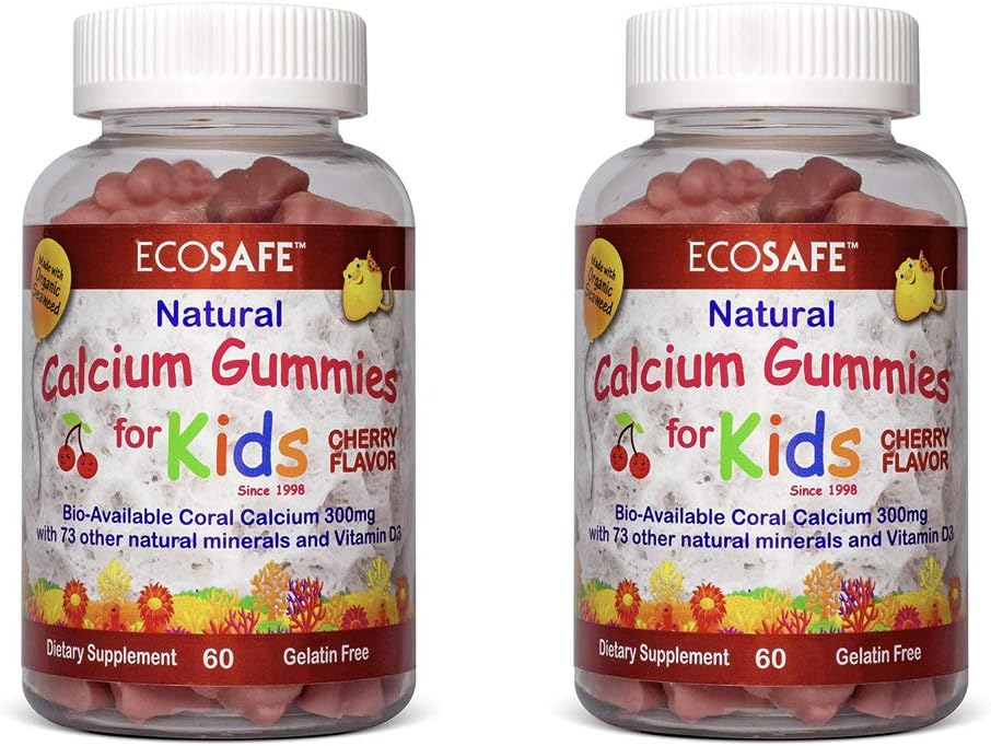 Coral Calcium Vitamin D3 Kids Gummy, Natural Cherry Flavor, Non GMO, Sin gluten, sin lácteos, libre de soja y gelatina Gratis - 300 mg de calcio, y 800 UI de vitamina D3-60 Gummies (1 Pack)