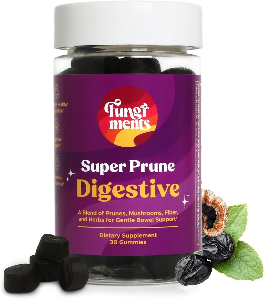 Fungiments Super Prune - Mushroom Supplement - Türkiye Tail Mushrooms, Fiber, Rhubarb, Prunes, Ginger, Chamomile - Debloating, Constipation Relief (30 Mushroom Gummies)