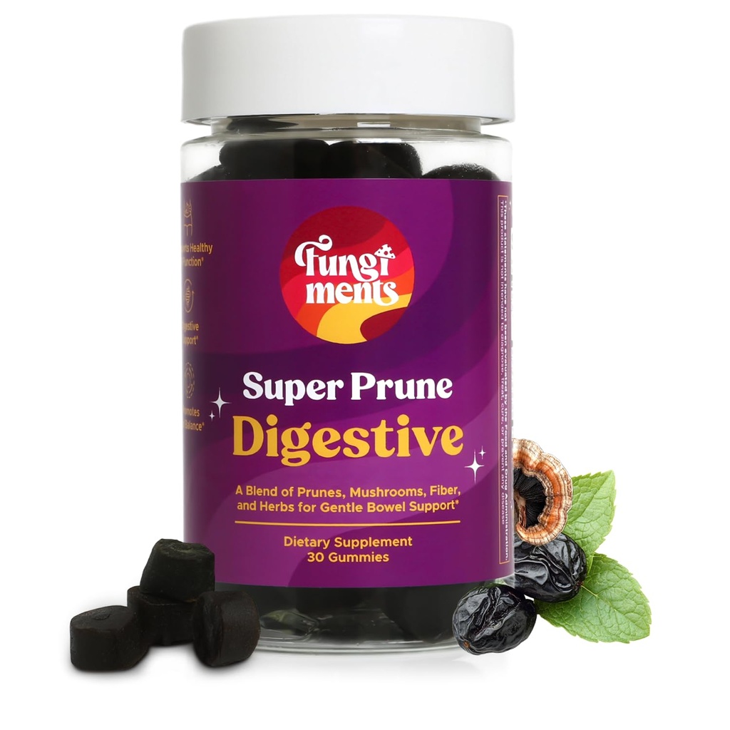 Fungiments Super Prune - Mushroom Supplement - Turkey Tail Mushrooms, Fiber, Rhubarb, Prunes, Ginger, Chamomile - Debloating, Constipation Relief (30 Mushroom Gummies)
