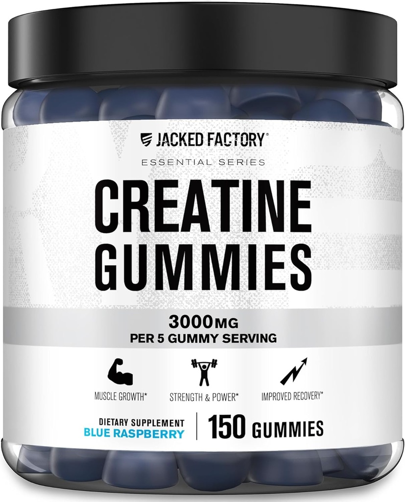 Fábrica Jacked Creatina Gummies mono-hidratada (3g) - Creatina para o crescimento muscular, força, energia melhorada e desempenho atlético melhorado - 150 Gummies, framboesa azul