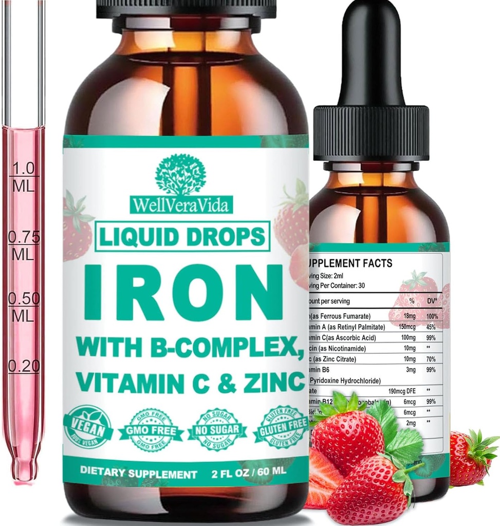 Líquid Iron suplementari w/Vitamin C, B-Complex, Alt Potència Iron Liquid w. Multivitamin, Vegan Iron Deixades per a Dones, nens, Chelaquid Iron suplementaris per a Anemia, Fatigue, implementació de cel· la vermella