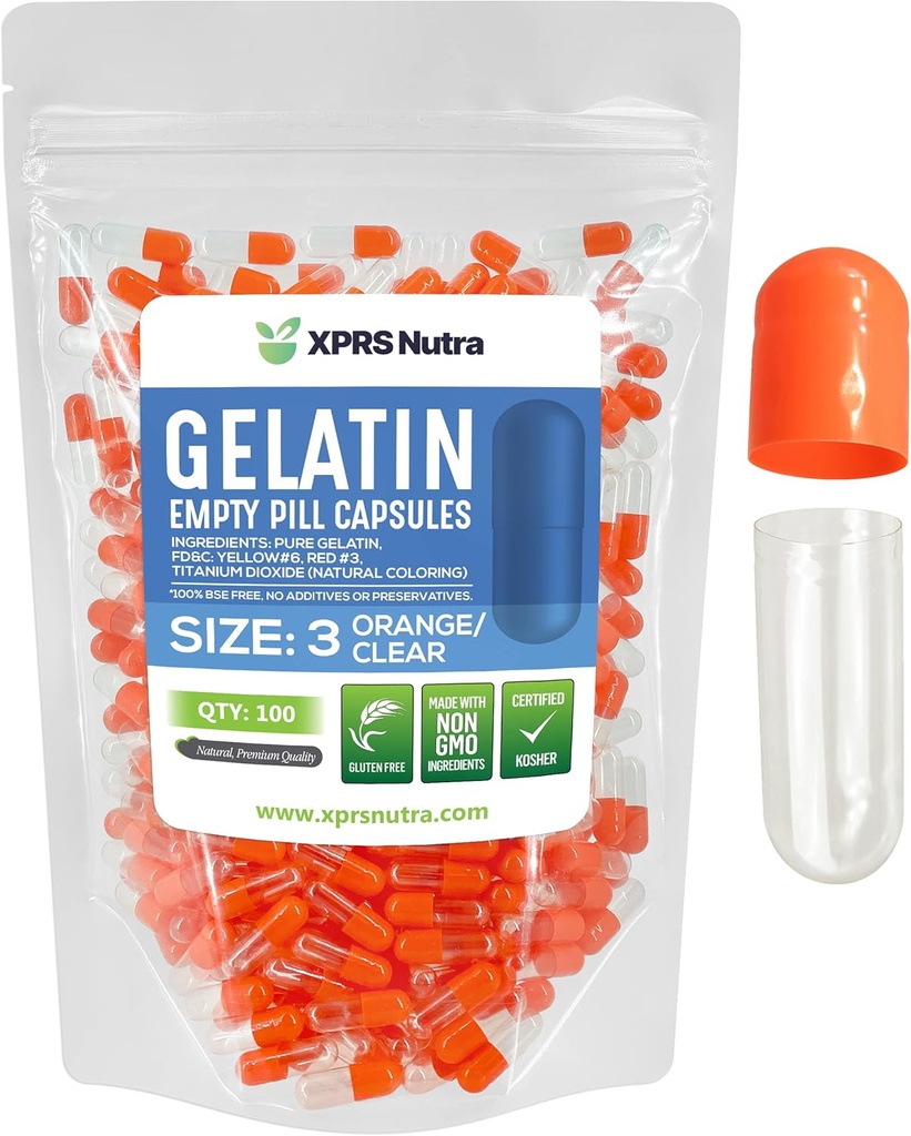 XPRS Nutra velikost 3 prazne kapsule - 100 Štetje praznih kapsul želatina - tablete DIY Kapsule Polnjenje - Čiste gelske cape za tablete goveda Napolnjeno za Do-it-Your-Your Vitamini in dodatki (Orange/Clear)