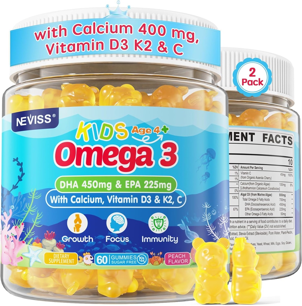 Deti Omega 3 Gummy + Vápnik 400mg + Vitamín D3 K2 + C, Omega-3 DHA & EPA Supplement - Žiadne ryby Burps, žiadny cukor - Deti & Teens Om