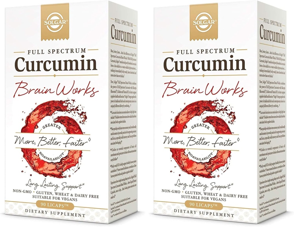 Traballos do cerebro de Curcumina de espectro solargar, 90 Licaps - Lembranza da memoria de apoio, foco, función cognitiva - Apoio antioxidante - Curcumina, BacoMind, Choline, vitamina B12 - Non-GMO, Vegan - (Paque de 2)