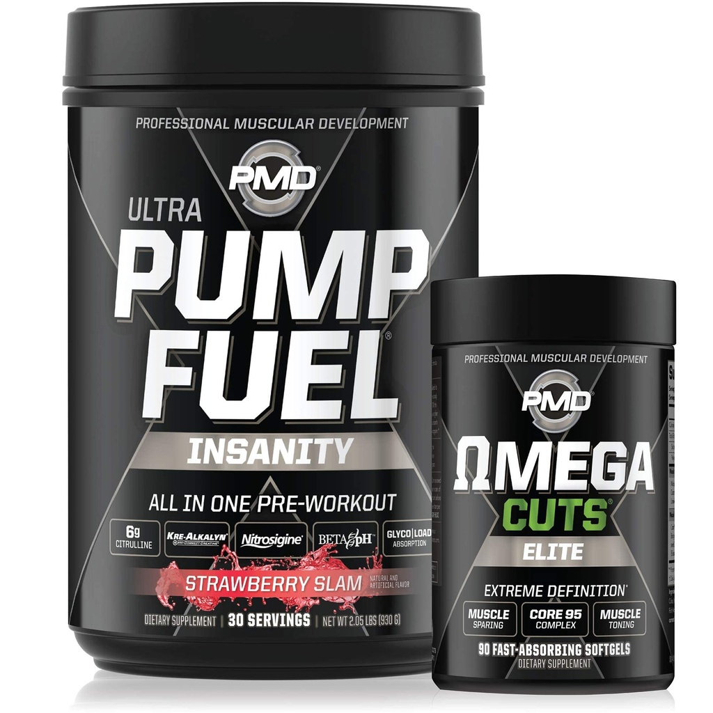 PMD Sports Ultra Pump Fuel Insanity - Pre Workout - Strawberry Slam (30 Servings) Sports Omega Cuts Elite Thermogenic Fat Burner (90 Softgels