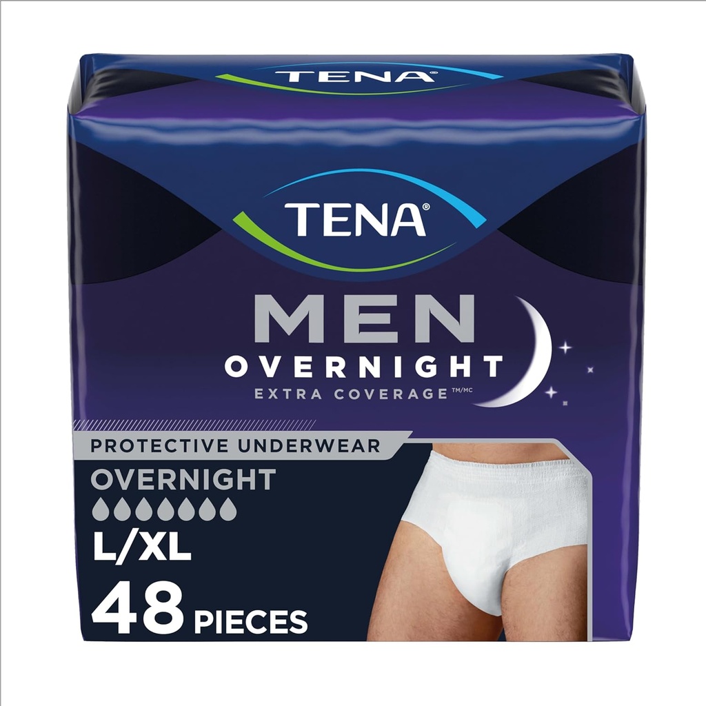 TENA Overnight OverCoverage Inkontinence Underwear for Men, Masculine Style and Discreet Cut Men 's Underwear, Large / X- Large, 48 t