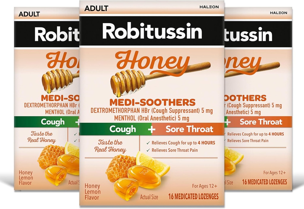 Robitussin Medi-Soothers Honey Lemon Throat Lozenges, Tuse lung-Lasting + Durere de gât Sore - 48 Conte (3 x 16ct Packs)