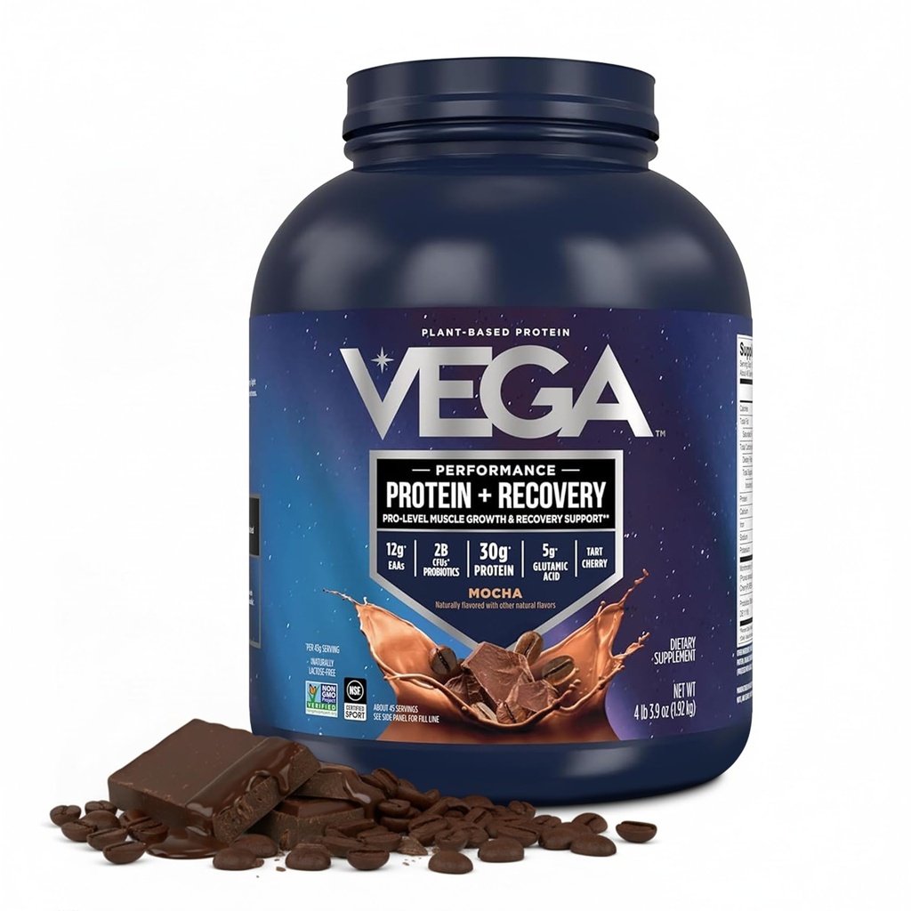 Vega Protein + Recovery, Mocha – 30g Vegan Protein, Dairy & Gluten Free, Probiotics, NSF Certified, 67.2 oz (45 Servings)