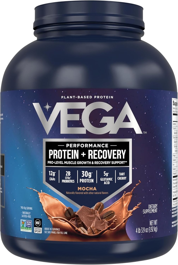 Vega Sport Vegan Protein Powder + Recovery - 30g Plant Based Protein per Serving, Mocha, 45 Servings, 5g BCAA, Probiotiká, NSF Certified, pre Shakes & Smoothies, 4,2lbs (Backaging May Vary)