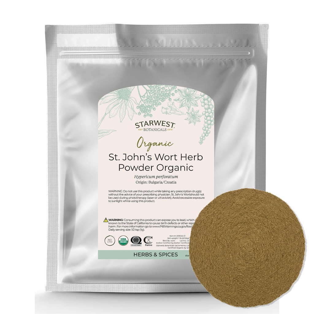 Starwest Botanicals Organic St. John's Wort Powder - Dried Herb for Tea, Made from St. John's Wort Flower, Certified Kosher, Non-GMO - Bulk 1 lb Bag