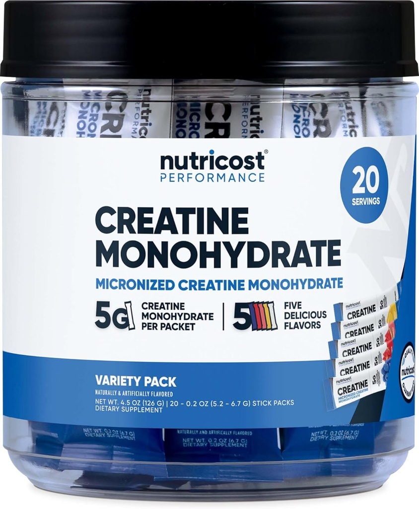 Nutricost Creatine Monohydrate прах Разнообразие Stickpacks (5 Аромати, 20 Сервизи) - Микронизиран, 5 Грама на Creatine Monohydrate per Pack