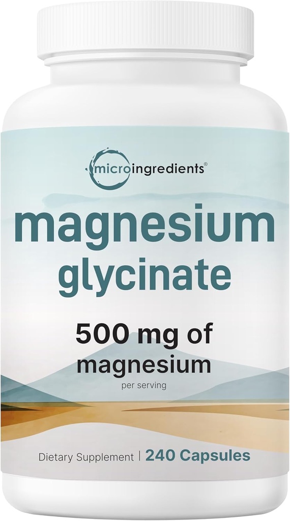 Glycinato de magnesio 500mg, 240 Cápsulas | 100% Chelado para a absorción de Max | Soporte para o sono, músculo, corazón e saúde nerviosa | Non-GMO