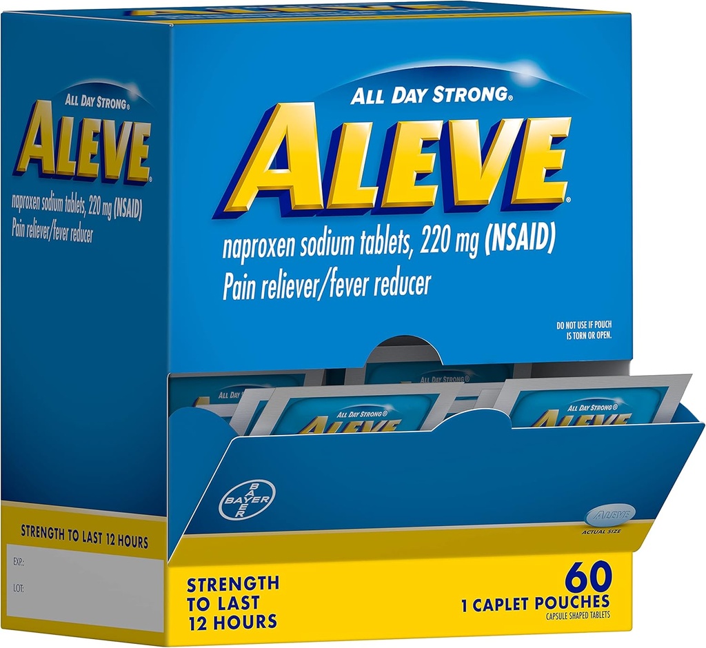 Aleve Pain Reliever & Fever Reducer Naproxen Sodium Caplets, 身体和关节炎 疼痛 Reliever, 为12岁和12岁以上成人和儿童提供药物, 60个个人邮袋